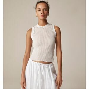 NEW J.Crew Sheer Ruffle Trim Tank Top Sequin Embellishments Ribbed White Medium
